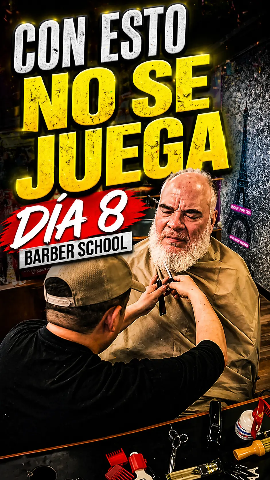De Cero a Barbero, Día 8: Isrrael detallando cuidadosamente la barba de un cliente mayor
